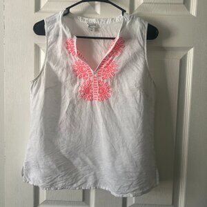 White Embroidered J.Crew Split Neck Tank Size 4 Women's